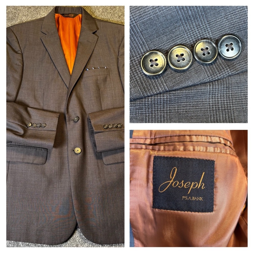 Joseph A Bank Slim Fit 39R Wool Blazer‎ Jacket Dark Gray Orange Lined